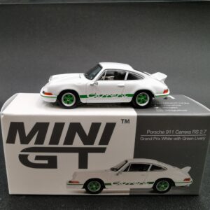 PORSCHE 911 CARRERA RS 2.7 GRAND PRIX WHITE WITH GREEN LIVERY MINI GT 1/64 EME