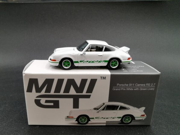 PORSCHE 911 CARRERA RS 2.7 GRAND PRIX WHITE WITH GREEN LIVERY MINI GT 1/64 EME